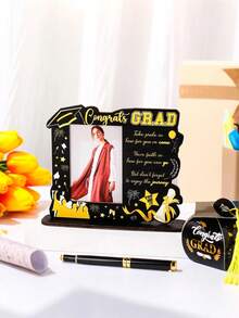 2026 Graduation Photo Frame, Wooden Mini Graduation Cap Display Stand With Blessing, Kindergarten, Preschool, High School Commemorative Gift (Black And Gold, Proud) - Black Graduation Photo Frame - View 2