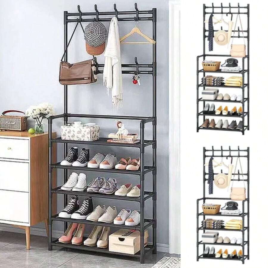 4/5-stöckiges Eisen Kleidung & Schuh Regal mit 8 Haken,Schuhablage, Kleiderständer ,einfache Montage, Schwarz - Übersicht 1