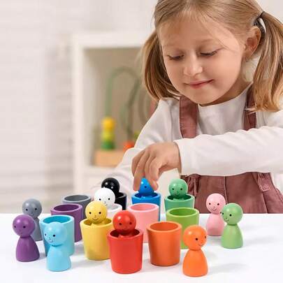 Montessori Baby Wooden Rainbow Ball And Cup Matching Sensory Color Sorting Game, For Learning Color Classification And Counting, Wooden Toys (Suitable For 3 Years Old And Above)