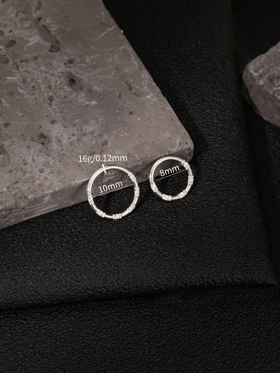 1件装 16G 钛钢手工方形网格锆石镶嵌鼻环/耳环/耳骨环/耳屏环/鼻中隔环/圆形耳环，女士礼物 - 正面方格鑲鑽 - 查看 1