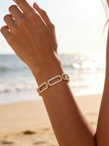 Vòng tay đính pha lê mạ vàng 18K, vòng tay ngọc trai, phong cách Bohemian, vàng 18K, thích hợp cho kỳ nghỉ hè trên bãi biển, làm bằng thép không gỉ, có dây điều chỉnh được. - Vàng - Xem 5