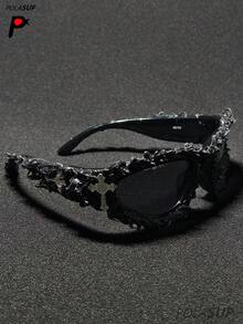 1pc Heart & Cross Rhinestone Embedded Futuristic Punk European And American Party Hip-Hop Fashion Glasses, New Irregular Shape Drip Glue Fashion Glasses, Personalized Street Dark Cyberpunk Fashion Glasses, Large Irregular Frame European And American Dark Street Fashion Personalized Fashion Glasses, UV Protection Holiday Party Drip Glue Goggles, Street Fashion Handmade Drip Glue Spiky Punk Cool Fashion Glasses - Multicolor - View 5