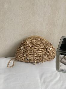 卡其色时尚编织草编包，独特编织复古风链条单肩包，女士休闲百搭斜挎包，适合外出、约会、购物、送礼和通勤上班。 - 卡其色 - 查看 6