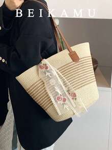 新款女士条纹草编手提包，蕾丝玫瑰流苏大容量单肩包，夏季海滩度假风 - 米色 - 查看 6