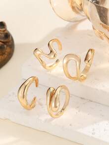 4pcs Set Liquid Lava Metal Adjustable Bendable Smooth Wrinkled Finish Gold Rings, Suitable For Daily Wear Or As Gift For Women - 4-piece Set - View 4