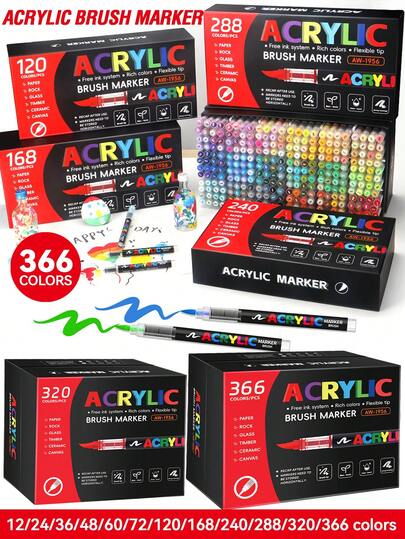 366/320/288/240/168/120/72/60/48/36/24/12 Colors Acrylic Paint Markers, Opaque Waterproof Blendable Brush Tip Pens For Rock, Ceramic, Wood, Canvas, Glass, Stone, Fabric Painting, Ideal For Beginner & Artist, Gift Box & Carry Bag