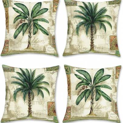 4件套热带棕榈树抱枕套，复古绿叶装饰枕套，适用于沙发、夏季户外家居装饰
