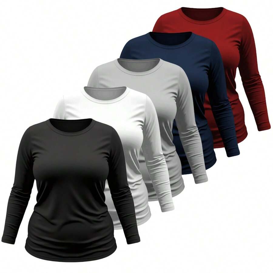 Women's Plus Size Long Sleeve Cotton T-Shirt With Round Neck - 黑色 - 查看 1