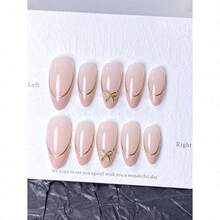 10pcs Handmade French Short Nail Stickers. This Nail Art Set Includes 5 Colors: White, Pink, Gold, Blue, And Yellow, With A Charming And Adorable Design. Each Nail Sticker Is Decorated With Hand-Painted Vine Patterns That Wind Along The Metallic-Feeling French Edges. Nails Nail Supplies Handmade Press On Nails - 粉紅灰-1 - 查看 2
