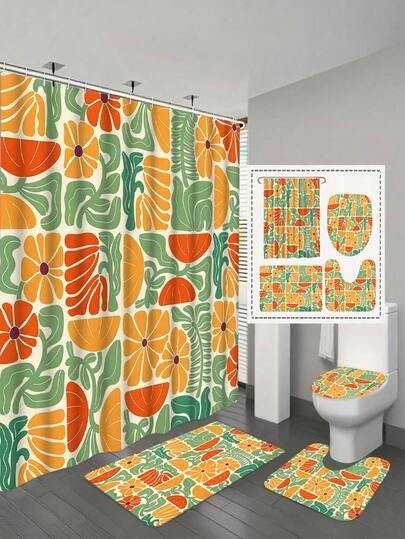 1/4pcs Bohemian Abstract Colorful Floral Shower Curtain Set, Vintage Patchwork Orange & Green Floral Botanical Geometric Aesthetic Stylish Bathroom Decor Shower Curtain Set, Waterproof Polyester Shower Curtain, Non-Slip Bathroom Mat, U-Shaped Toilet Rug, With 12 Hooks - Modern Style, Suitable For Home Decor, Bathroom Decor And Accessories, Easy To Clean And Maintain, Exquisite Housewarming Gift - Fit For All Seasons