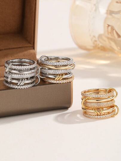 奢华个性化莫桑石戒指套装，多层可调节铜合金彩色戒指，女士款