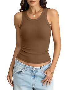 Sports Bra Vest With Non-Removable Padding - Seamless, Wire-Free Design Suitable For All Seasons, Yoga, Running, And Gym Wear. Vest With Built-In Bra, Fall Women's Wear. - 棕色 - 查看 6