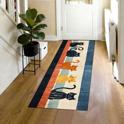 1pc Colorful Striped Cartoon Cat Pattern Rug, Cute Retro Style, Skin-Friendly Short Plush Gradient Stripes, Cat Silhouette Details, Non-Slip Oil-Resistant Kitchen Mat, Suitable For Adorable Home Decor/Daily Kitchen Scenes