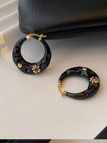 1 par de pendientes de aro elegantes y creativos de estilo retro francés asimétricos con gota de aceite, pendientes de aro de lujo para mujer - Pendientes elegantes-rojo - Ver 2