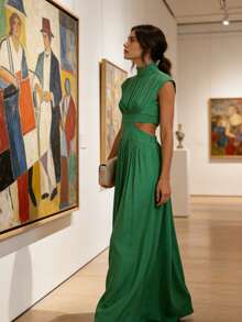 Women's Long Dress With High Neck, Sleeveless, Elegant Women's Dress With Side Cutouts And Pockets - 綠色 - 查看 1