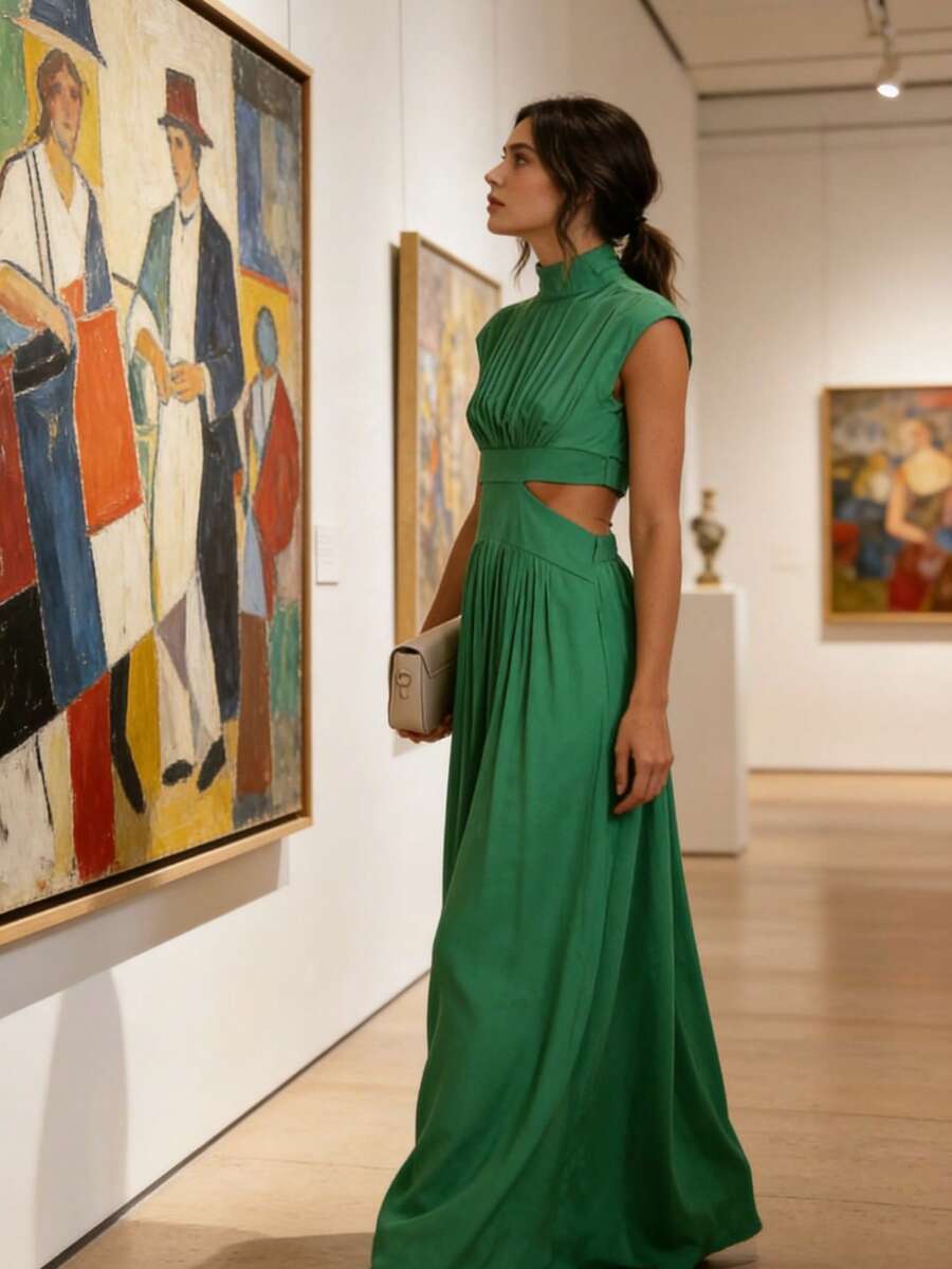 Women's Long Dress With High Neck, Sleeveless, Elegant Women's Dress With Side Cutouts And Pockets - 綠色 - 查看 1