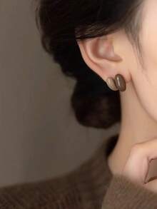 一对优雅法式奢华简约几何造型精致棕色珐琅前后耳环，适合女性日常、通勤、度假、派对佩戴 - 棕色 - 查看 5