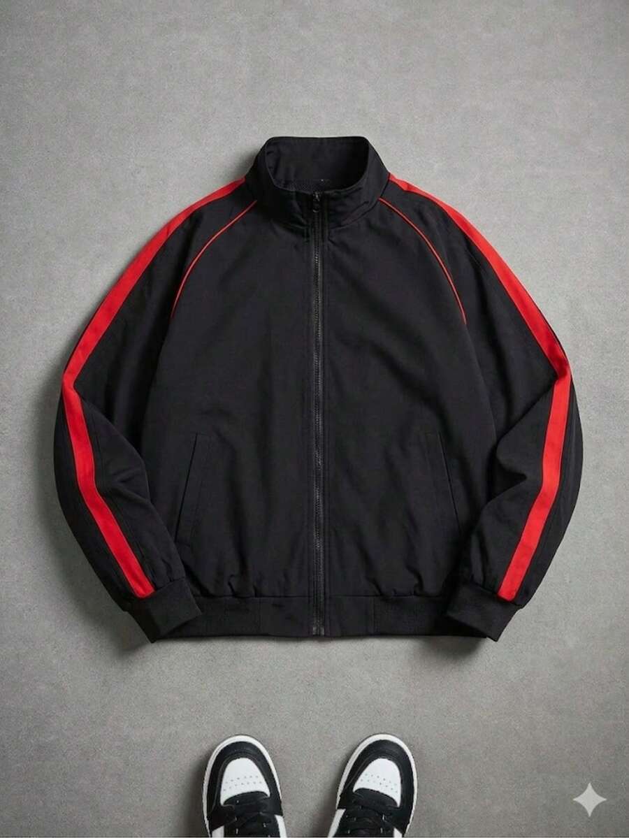 Men's Casual Fashionable Loose Fit Jacket With Side Stripe Design, Comfortable Soft Breathable Stand Collar, Spring/Autumn - Black - View 1