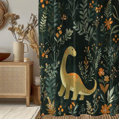 1pc Dinosaur & Plant Print Shower Curtain, High Quality Home Decor Curtain, Modern Bathroom Matching, All Season Curtain With 12 Hooks