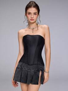 1 Stück Satin trägerloser Bustier-Top, Damen Renaissance-Stil Korsett-Top, Seitlicher Reißverschluss & Rückenbindung Design, geeignet für Valentinstag, Musikfestivals, Hochzeiten, Urlaub - Schwarz - Übersicht 4