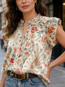 Women's Bohemian Style Camouflage & Floral V-Neck Loose Petal Sleeve Casual Blouse, Spring/Summer - Apricot - View 5