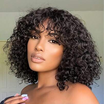 180% Density Afro Curly Wave Short Bob Wigs Real Brazilian Human Hair Kinky Curly Wig With Bangs For Women Full Machine Made Human Hair Curly Wig Natural Black Color 6-16 Inch