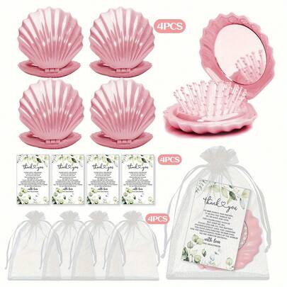 Bộ 12/9/3 món gương và lược hình vỏ sò, bao gồm gương hình vỏ sò, thiệp cảm ơn và túi vải organza, thích hợp cho đám cưới, tiệc độc thân và các buổi họp mặt của phụ nữ.