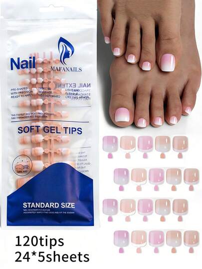 120pcs French Gradient ToeNails Square Nude Color Nature Fake Toe Nails Feet Nail Tips Artificial Press On Toenails For Women