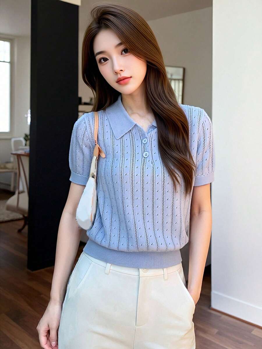 Áo dệt kim tay ngắn cổ bẻ kiểu Pháp thanh lịch, thích hợp mặc mùa hè, dành cho nữ. - Màu xanh nhạt - Xem 1