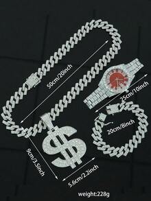 1 Set Dollar Sign Fully Paved Pendant 15mm Rhombus Cuban Link Necklace & Bracelet, Men's Red Dial Watch, Hip Hop Style Accessories Set For Men - Red - View 5