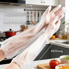 10pcs Extra Long Arm Protection Anti-Oil Splash! PVC Household Gloves/Disposable Kitchen Gloves/Elastic Cuff Protective Gloves - CPE Long-arm Gloves - View 2