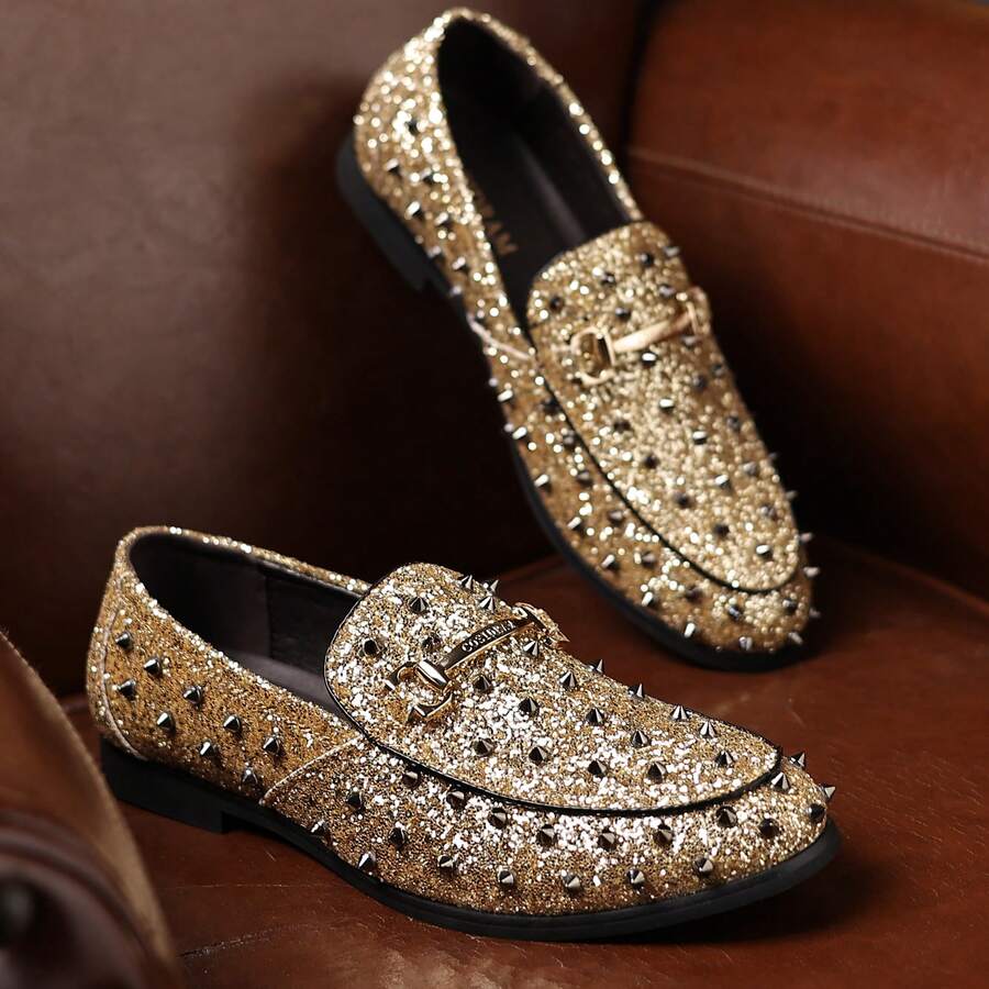 Men's Glitter Studded Dress Shoes Fashion Metallic Sequins Gold Buckle Spikes Rivets Luxury Wedding Party Loafers - Vàng - Xem 1