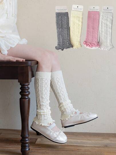 1双女童薄款菱形格纹荷叶边腿套，公主风甜美百搭可爱过膝腿套，适合日常穿着和学生制服，春夏款