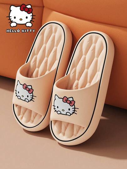 SANRIO Dép đi trong nhà phối hợp thiết kế nơ và chân mèo, dép nữ, đế lót ghế sofa mềm mại chống trơn trượt, thoáng khí, thích hợp đi biển, dạo phố, dễ thương, thanh lịch và thời trang, dép đế bằng mũi tròn, dép mùa hè cho nữ