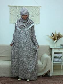 Women's Long Floral Print Abaya Dress, Round Neck, Long Sleeve, Woven Fabric, Decorated With Delicate Applique Details - Multicolor - View 5