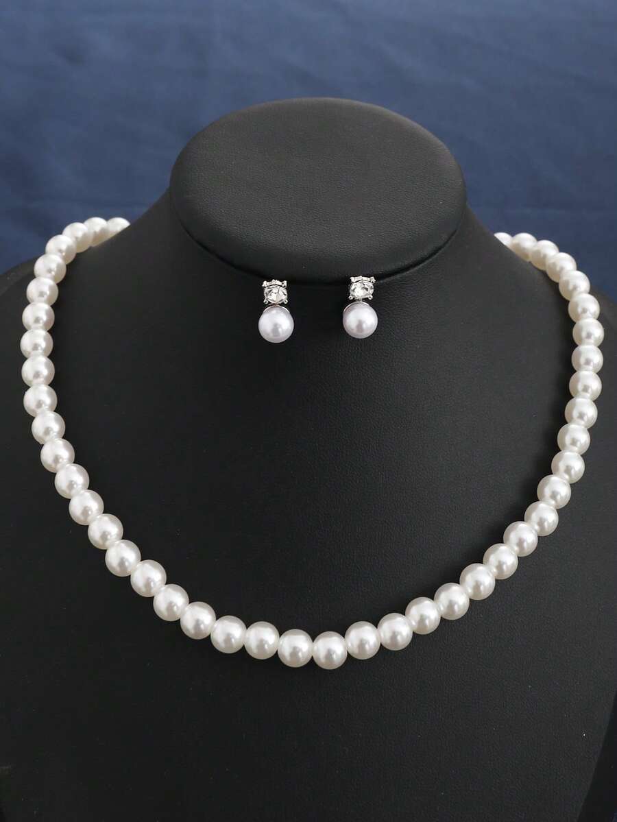 1 Necklace 1 Pair Earrings Simple Rhinestone Faux Pearl Micro-Inlaid Fashion Versatile Stud Earrings High-End Design Elegant Earrings Jewelry Set Suitable For Women's Daily And Festive Wear - White - View 1