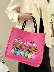 New Floral & Letter Print Handbag With Zipper Pouch, Women's Versatile Tote Bag, Portable Casual Handbag, Suitable For Birthday, Party, Holiday Gifts; Christian-Themed Tote Bag And Cosmetic Bag Set, Vacation-Style Letter Design Handbag, Suitable For Wedding, Birthday, Beach, Holiday, Best Gift For Family And Friends - Multicolor - View 6