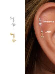 EleRunis 1PC 925 Sterling Silver Star Drop Flat Back Cartilage Helix Piercing Fine Jewelry For Daily Wear Wedding Party Engagement Anniversary Valentine's Day - Multicolor - View 1