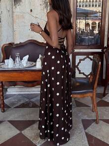 Polka Dot Elegant Casual Party Hollow Out Twist Beach Vacation Dress Summer - Coffee - View 3