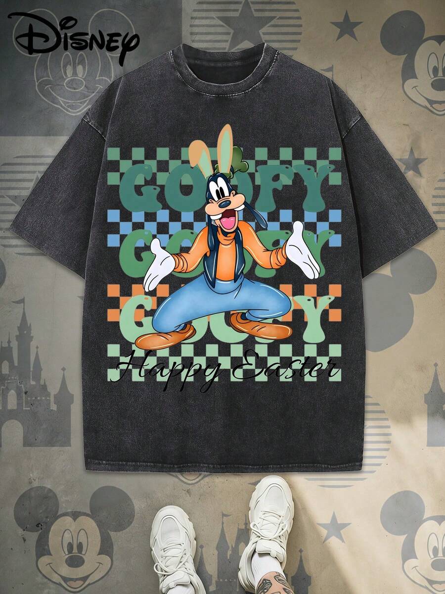 Disney Goofy Happy Easter Bunny Ears Graphic Washed T-Shirt, Retro Goofy Oversized Easter Tee For Men/Women - Black - View 1