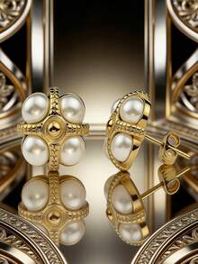 1 Pair Retro Elegant Four-Leaf Flower Pearl Gold Stainless Steel Earrings, Suitable For Women's Daily Wear, Gift For Lover, Family, Friend, Anniversary, Birthday, Party, Luxurious Earrings - Gold - View 8