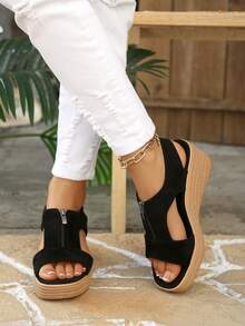 Mẫu sandal đế xuồng mùa hè 2026 mới, kiểu dáng thanh lịch, gót trung bình, đế dày, đa năng, phù hợp cho cả đi dự tiệc hoặc đi biển. - màu đen - Xem 2