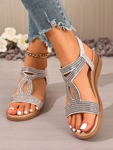 Summer New Rhinestone Decorated Casual Open Toe Thick Bottom Slippers, Comfortable Daily Outdoor Wear Wedge Platform Sandals For Women,Beach Shoes - Silver - View 5