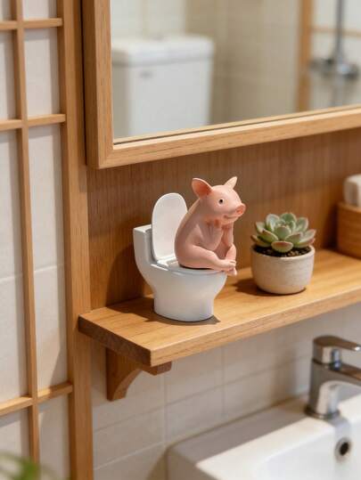 1pc Novelty Resin Pig Sitting On Toilet Figurine, Cute Animal Decor, Suitable For Indoor Home, Bathroom, Desk, Bookshelf, Living Room, And Outdoor Garden, Patio, Lawn Decoration, Unique Gift
