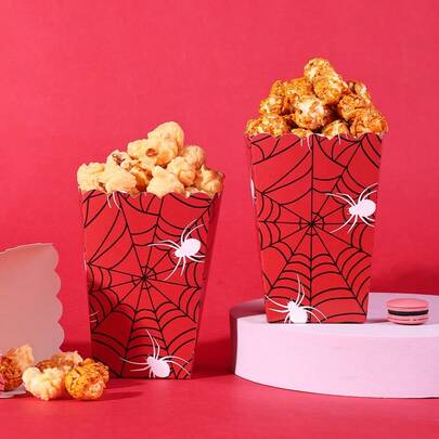 10个/20个/50个装，红色蜘蛛网一次性食品容器，带蜘蛛网图案和爆米花盒托盘，蜘蛛网爆米花盒 - 红黑蜘蛛网设计，饰有白色蜘蛛，适用于蜘蛛网主题派对装饰、生日派对装饰、万圣节
