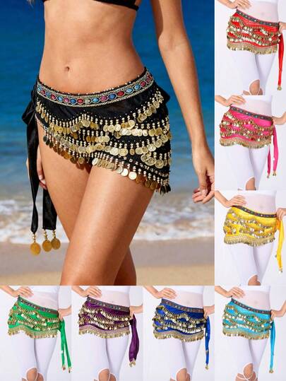 1pc Women's Wavy Belly Dance Belt Hip Scarf Women's Sweet Belly Dance Golden Coin Hip Scarf Skirt Wrap Noisy