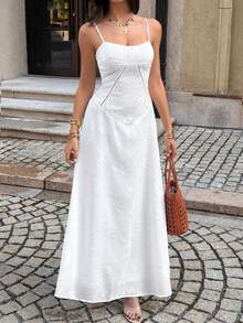 Unadoll Women's Summer Elegant White Butterfly Embroidery Maxi Dress, Spaghetti Strap Lace-Up Back A-Line Flowy Dress For Vacation & Party - White - View 6