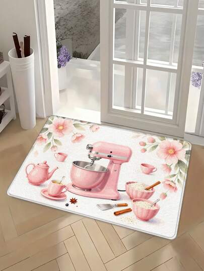 1件烘焙主题印花门垫，防滑入口垫，适用于客厅、卧室、门厅，粉色