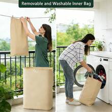 160L Double Laundry Hamper With Lid, 2 Section Clothes Basket With Removable Bags & Bamboo Handles, 19.3x14x28.7 Inch Always Upright Collapsible Storage For Bedroom Bathroom Dorm RV Camping, Beige - 查看 5