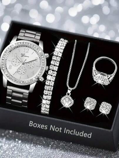 6pcs Casual Luxury Women's Quartz Watch Set With Luxury Shiny Rhinestones, Including A Silver Alloy Strap Quartz Watch, Fully Rhinestone Bracelet, Necklace, Earrings, And Ring. Centered On A Cool Silver Color And Full Rhinestone Sparkling Design, The Watch Bezel Is Surrounded By Rhinestones, And The Metal Strap Is Wear-Resistant And Skin-Friendly